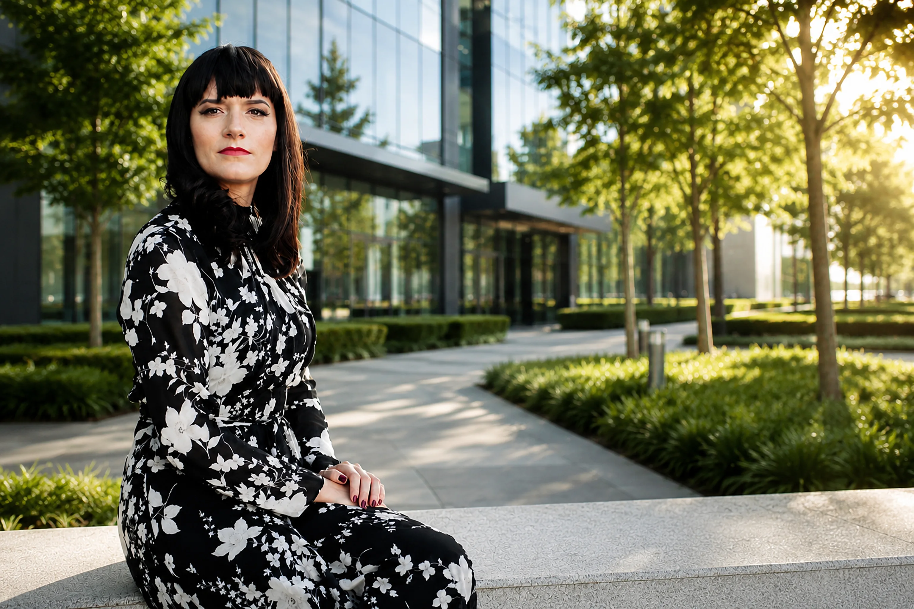 Tímea Floriska — fractional manager, seated at a modern office courtyard